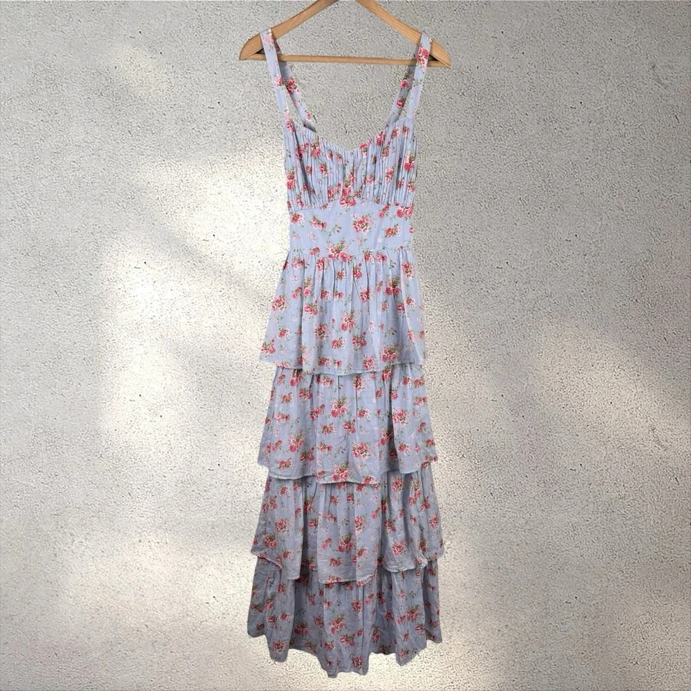 Abercrombie & Fitch Maxi Dress Blue Floral Cotton Tiered Tie Back Romantic Sz LT
